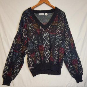Koman V-Neck Geometric Black Multicolored Stretch Sweater - Men's XL - Vintage